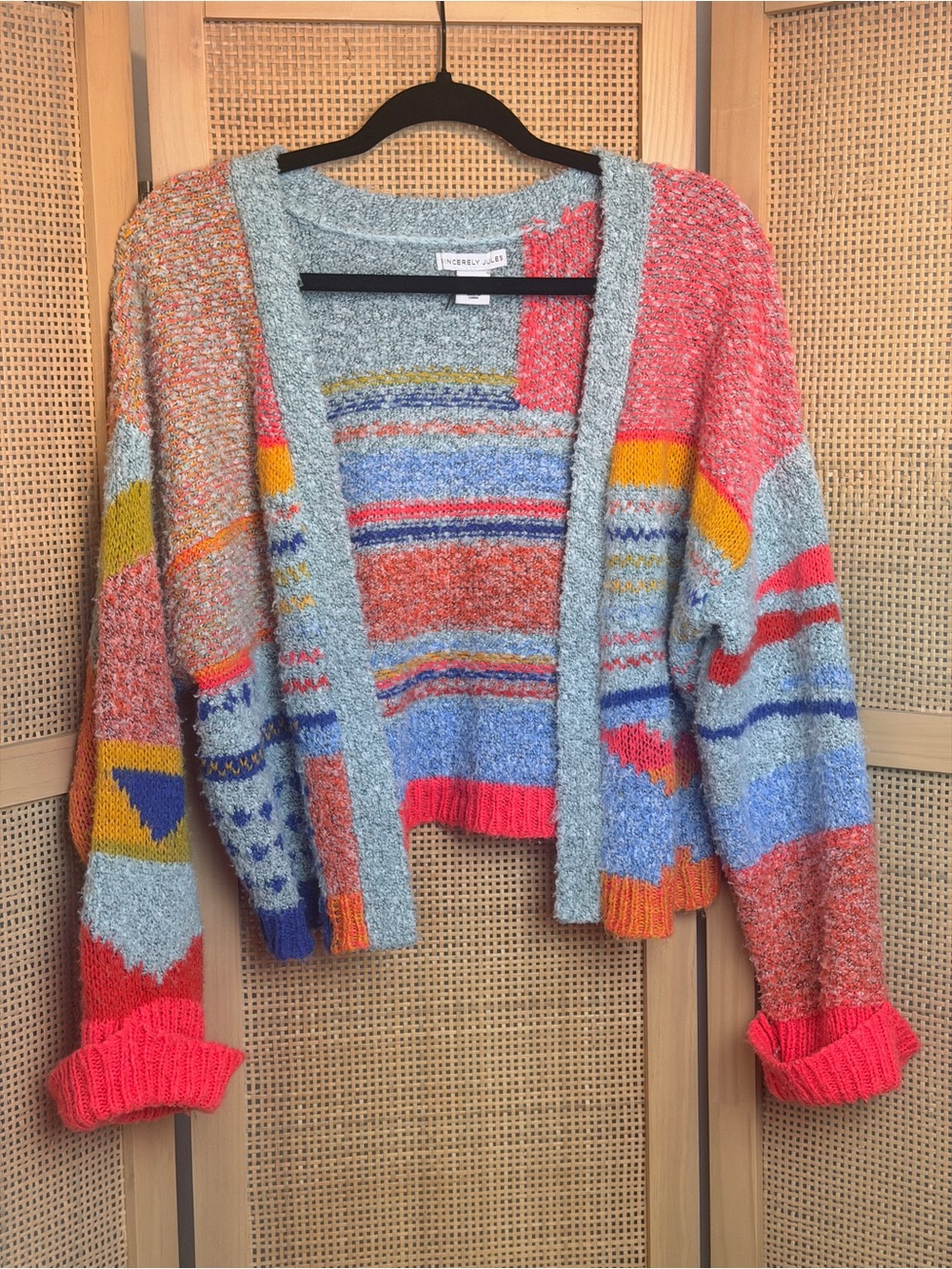 Sincerely Jules Multicolor Striped Open-Front Cardigan with Coral Cuffs
